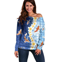 Hawaii And Japan Off Shoulder Sweater Plumeria Lei With Koi Fish Blue - Polynesian Pride