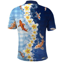 Hawaii And Japan Polo Shirt Plumeria Lei With Koi Fish Blue - Polynesian Pride