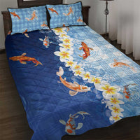 Hawaii And Japan Quilt Bed Set Plumeria Lei With Koi Fish Blue - Polynesian Pride