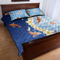 Hawaii And Japan Quilt Bed Set Plumeria Lei With Koi Fish Blue - Polynesian Pride