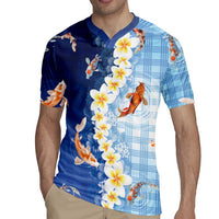 Hawaii And Japan Rugby Jersey Plumeria Lei With Koi Fish Blue LT05 - Polynesian Pride
