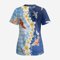 Hawaii And Japan Scrub Top Plumeria Lei With Koi Fish Blue LT05 - Polynesian Pride