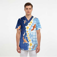 Hawaii And Japan Scrub Top Plumeria Lei With Koi Fish Blue LT05 - Polynesian Pride