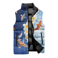 Hawaii And Japan Sleeveless Puffer Jacket Plumeria Lei With Koi Fish Blue LT05 - Polynesian Pride