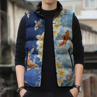 Hawaii And Japan Sleeveless Puffer Jacket Plumeria Lei With Koi Fish Blue LT05 - Polynesian Pride
