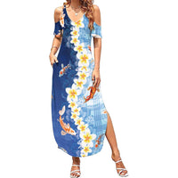Hawaii And Japan Summer Maxi Dress Plumeria Lei With Koi Fish Blue LT05 Women Blue - Polynesian Pride