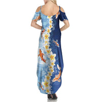 Hawaii And Japan Summer Maxi Dress Plumeria Lei With Koi Fish Blue LT05 - Polynesian Pride