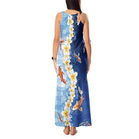 Hawaii And Japan Tank Maxi Dress Plumeria Lei With Koi Fish Blue - Polynesian Pride