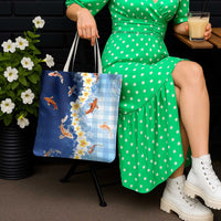 Hawaii And Japan Tote Bag Plumeria Lei With Koi Fish Blue - Polynesian Pride