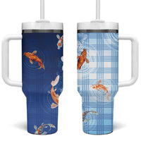 Hawaii And Japan Tumbler With Handle Plumeria Lei With Koi Fish Blue - Polynesian Pride