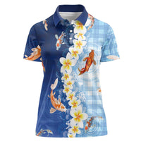 Hawaii And Japan Women Polo Shirt Plumeria Lei With Koi Fish Blue LT05 Female Blue - Polynesian Pride