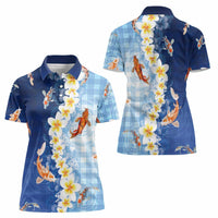 Hawaii And Japan Women Polo Shirt Plumeria Lei With Koi Fish Blue - Polynesian Pride