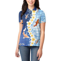 Hawaii And Japan Women Polo Shirt Plumeria Lei With Koi Fish Blue LT05 - Polynesian Pride