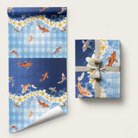 Hawaii And Japan Wrapping Paper Plumeria Lei With Koi Fish Blue LT05 58" × 23" Blue - Polynesian Pride
