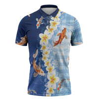 Hawaii And Japan Zipper Polo Shirt Plumeria Lei With Koi Fish Blue LT05 Blue - Polynesian Pride