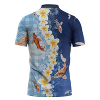 Hawaii And Japan Zipper Polo Shirt Plumeria Lei With Koi Fish Blue LT05 - Polynesian Pride