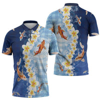 Hawaii And Japan Zipper Polo Shirt Plumeria Lei With Koi Fish Blue LT05 - Polynesian Pride