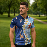 Hawaii And Japan Zipper Polo Shirt Plumeria Lei With Koi Fish Blue - Polynesian Pride