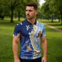 Hawaii And Japan Zipper Polo Shirt Plumeria Lei With Koi Fish Blue LT05 - Polynesian Pride