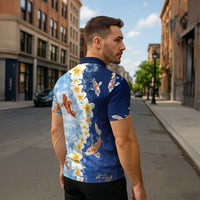Hawaii And Japan Zipper Polo Shirt Plumeria Lei With Koi Fish Blue LT05 - Polynesian Pride