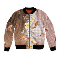 Hawaii And Japan Bomber Jacket Plumeria Lei With Koi Fish Beige LT05 Unisex Beige - Polynesian Pride