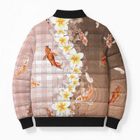 Hawaii And Japan Bomber Puffer Jacket Plumeria Lei With Koi Fish Beige LT05 - Polynesian Pride