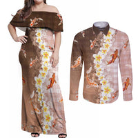 Hawaii And Japan Couples Matching Off Shoulder Maxi Dress and Long Sleeve Button Shirt Plumeria Lei With Koi Fish Beige - Polynesian Pride