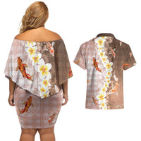 Hawaii And Japan Couples Matching Off Shoulder Short Dress and Hawaiian Shirt Plumeria Lei With Koi Fish Beige - Polynesian Pride