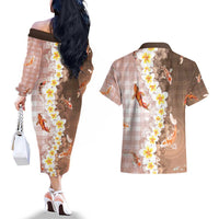 Hawaii And Japan Couples Matching Off The Shoulder Long Sleeve Dress and Hawaiian Shirt Plumeria Lei With Koi Fish Beige - Polynesian Pride