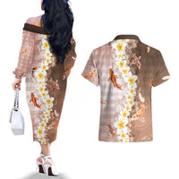 Hawaii And Japan Couples Matching Off The Shoulder Long Sleeve Dress and Hawaiian Shirt Plumeria Lei With Koi Fish Beige - Polynesian Pride