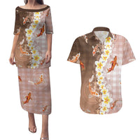 Hawaii And Japan Couples Matching Puletasi and Hawaiian Shirt Plumeria Lei With Koi Fish Beige - Polynesian Pride