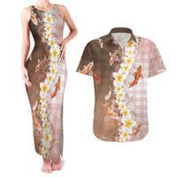 Hawaii And Japan Couples Matching Tank Maxi Dress and Hawaiian Shirt Plumeria Lei With Koi Fish Beige - Polynesian Pride