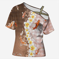 Hawaii And Japan Cross Shoulder Shirt Plumeria Lei With Koi Fish Beige LT05 Female Beige - Polynesian Pride