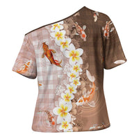 Hawaii And Japan Cross Shoulder Shirt Plumeria Lei With Koi Fish Beige LT05 - Polynesian Pride