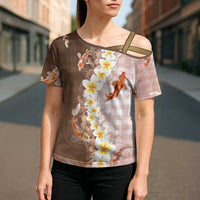Hawaii And Japan Cross Shoulder Shirt Plumeria Lei With Koi Fish Beige LT05 - Polynesian Pride