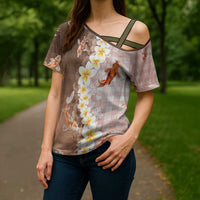 Hawaii And Japan Cross Shoulder Shirt Plumeria Lei With Koi Fish Beige LT05 - Polynesian Pride