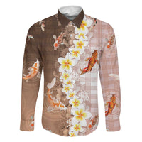 Hawaii And Japan Family Matching Long Sleeve Bodycon Dress and Hawaiian Shirt Plumeria Lei With Koi Fish Beige - Polynesian Pride