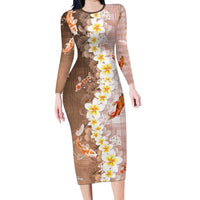 Hawaii And Japan Family Matching Long Sleeve Bodycon Dress and Hawaiian Shirt Plumeria Lei With Koi Fish Beige - Polynesian Pride