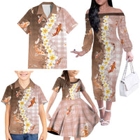 Hawaii And Japan Family Matching Off The Shoulder Long Sleeve Dress and Hawaiian Shirt Plumeria Lei With Koi Fish Beige - Polynesian Pride
