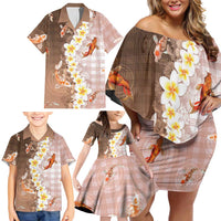 Hawaii And Japan Family Matching Off Shoulder Short Dress and Hawaiian Shirt Plumeria Lei With Koi Fish Beige - Polynesian Pride