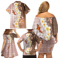 Hawaii And Japan Family Matching Off Shoulder Short Dress and Hawaiian Shirt Plumeria Lei With Koi Fish Beige - Polynesian Pride