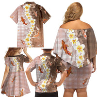 Hawaii And Japan Family Matching Off Shoulder Short Dress and Hawaiian Shirt Plumeria Lei With Koi Fish Beige - Polynesian Pride