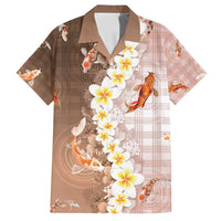 Hawaii And Japan Family Matching Off Shoulder Short Dress and Hawaiian Shirt Plumeria Lei With Koi Fish Beige - Polynesian Pride