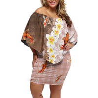 Hawaii And Japan Family Matching Off Shoulder Short Dress and Hawaiian Shirt Plumeria Lei With Koi Fish Beige - Polynesian Pride