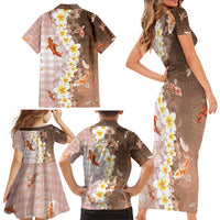 Hawaii And Japan Family Matching Short Sleeve Bodycon Dress and Hawaiian Shirt Plumeria Lei With Koi Fish Beige - Polynesian Pride