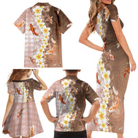 Hawaii And Japan Family Matching Short Sleeve Bodycon Dress and Hawaiian Shirt Plumeria Lei With Koi Fish Beige - Polynesian Pride