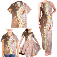 Hawaii And Japan Family Matching Tank Maxi Dress and Hawaiian Shirt Plumeria Lei With Koi Fish Beige - Polynesian Pride