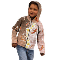 Hawaii And Japan Kid Hoodie Plumeria Lei With Koi Fish Beige - Polynesian Pride