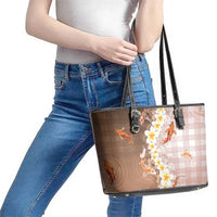 Hawaii And Japan Leather Tote Bag Plumeria Lei With Koi Fish Beige - Polynesian Pride