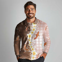 Hawaii And Japan Long Sleeve Polo Shirt Plumeria Lei With Koi Fish Beige LT05 - Polynesian Pride